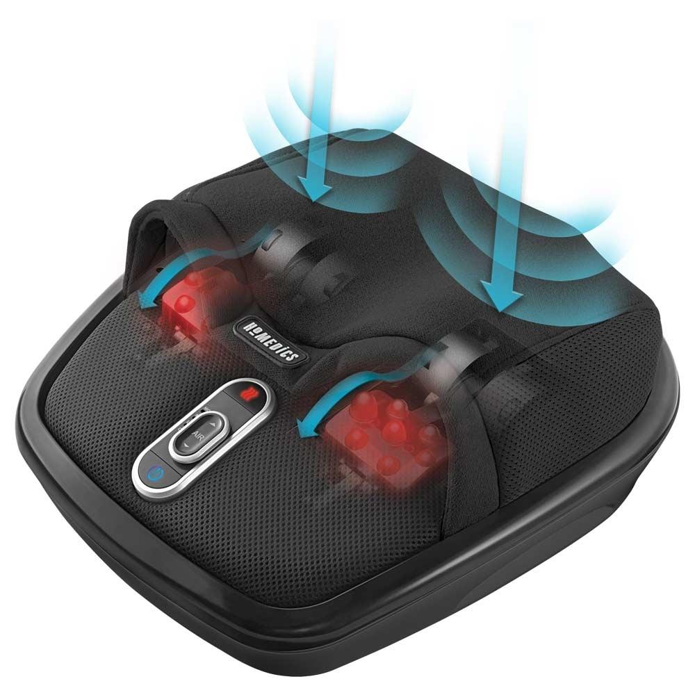 Angled view of the Homedics Shiatsu Air Max Foot Massager with Heat with heat and massage graphics