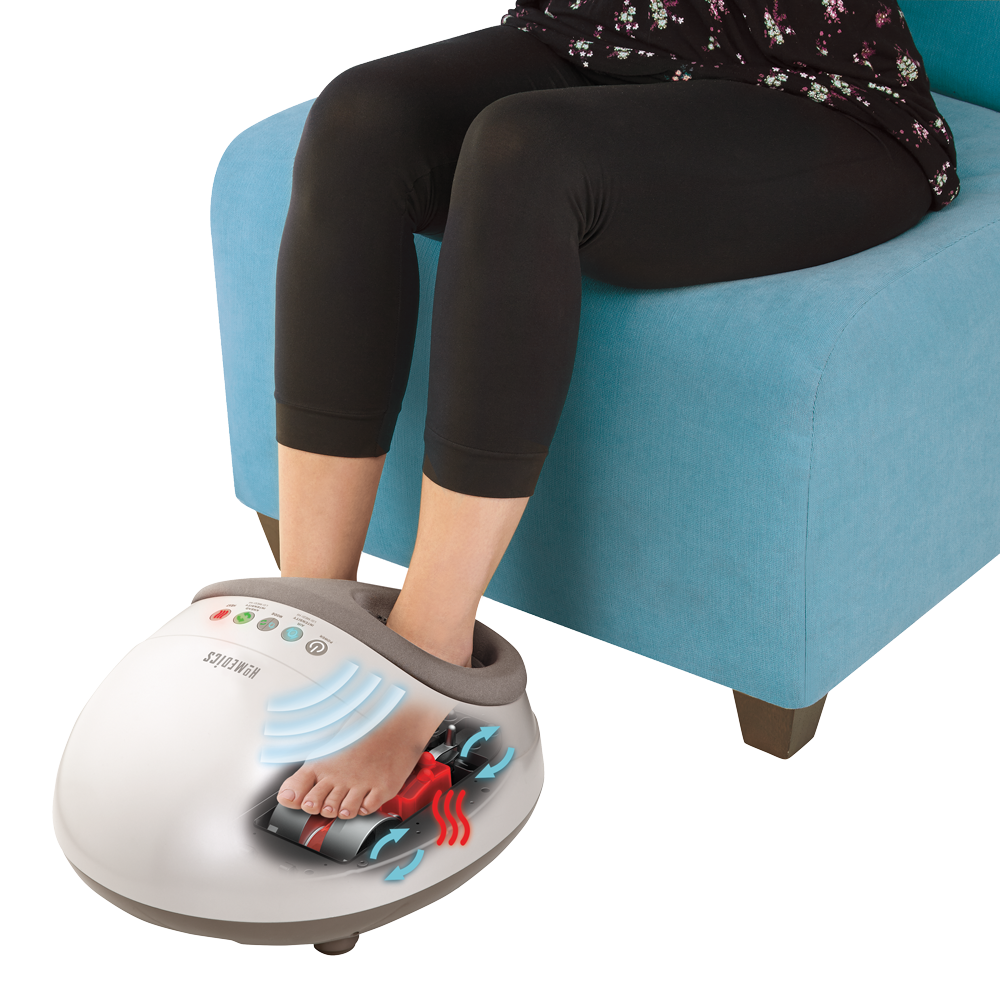 Grey | Woman sits in chair while enjoying a heated massage from the Homedics Shiatsu Air Pro Foot Massager with Heat
