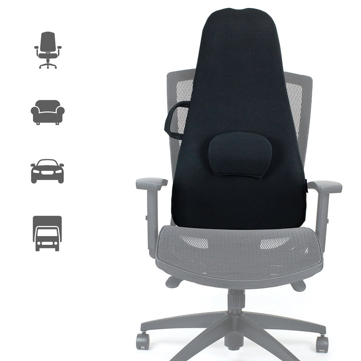 HighBack Backrest Support - Backrest on office chair with Icons for places to use  including office chairs, sofa chairs, box trucks, and cars - ObusForme