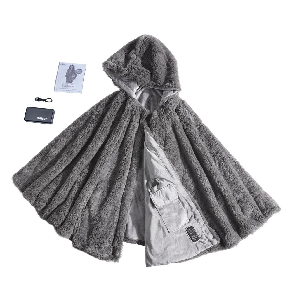 Front view of the Homedics Cordless Massaging Cape with Vibration and Soothing Heat with accessories