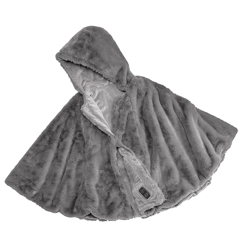Smiling woman stands while wearing the Homedics Cordless Massaging Cape with Vibration and Soothing Heat
