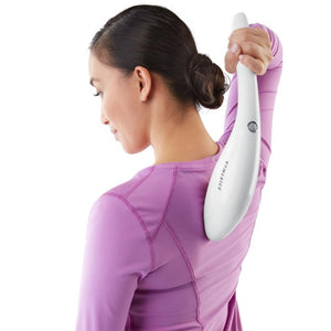 White | Woman enjoys upper back massage using theHomedics Cordless Percussion Body Massager with Soothing Heat