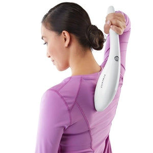 Cordless Percussion Body Massager with Soothing Heat - Woman using handheld massager on back - HoMedics Canada