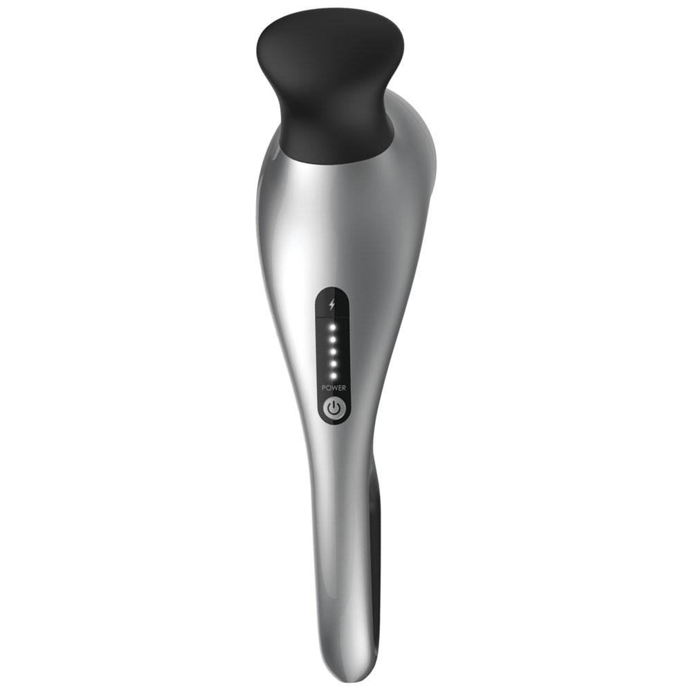 Man holds the Homedics Cordless Pro Performance Percussion Massager up to right upper back