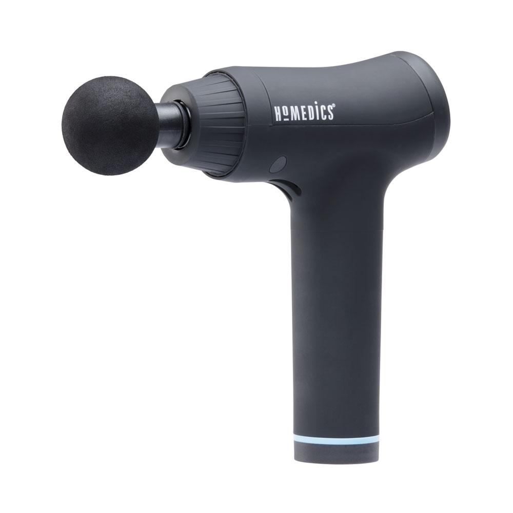 Back view of athletic woman enjoying a right shoulder massage from  the Homedics Therapist Select Plus Percussion Massager