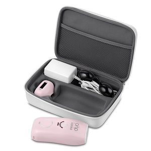 Angled view of the Homedics Duo Lite Permanent Hair Reduction device, carrying case, and accessories