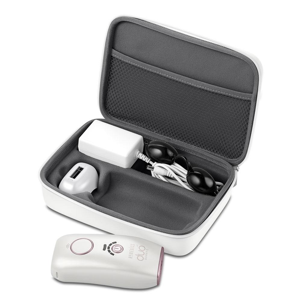 Angled view of Homedics Duo Quartz Permanent Hair Reduction device carrying case and accessories