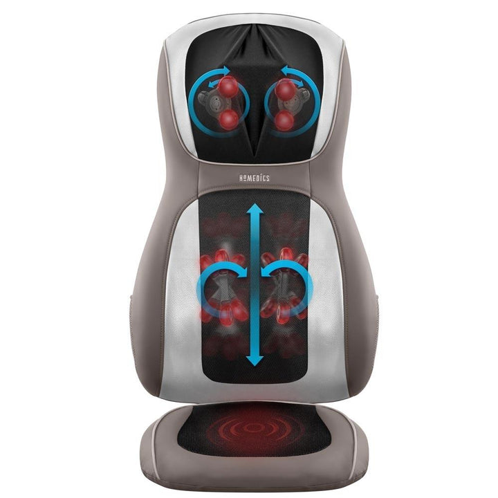 Front view of the Homedics Perfect Touch Masseuse App-Controlled Massage Cushion with Heat with illustration of massaging element movement
