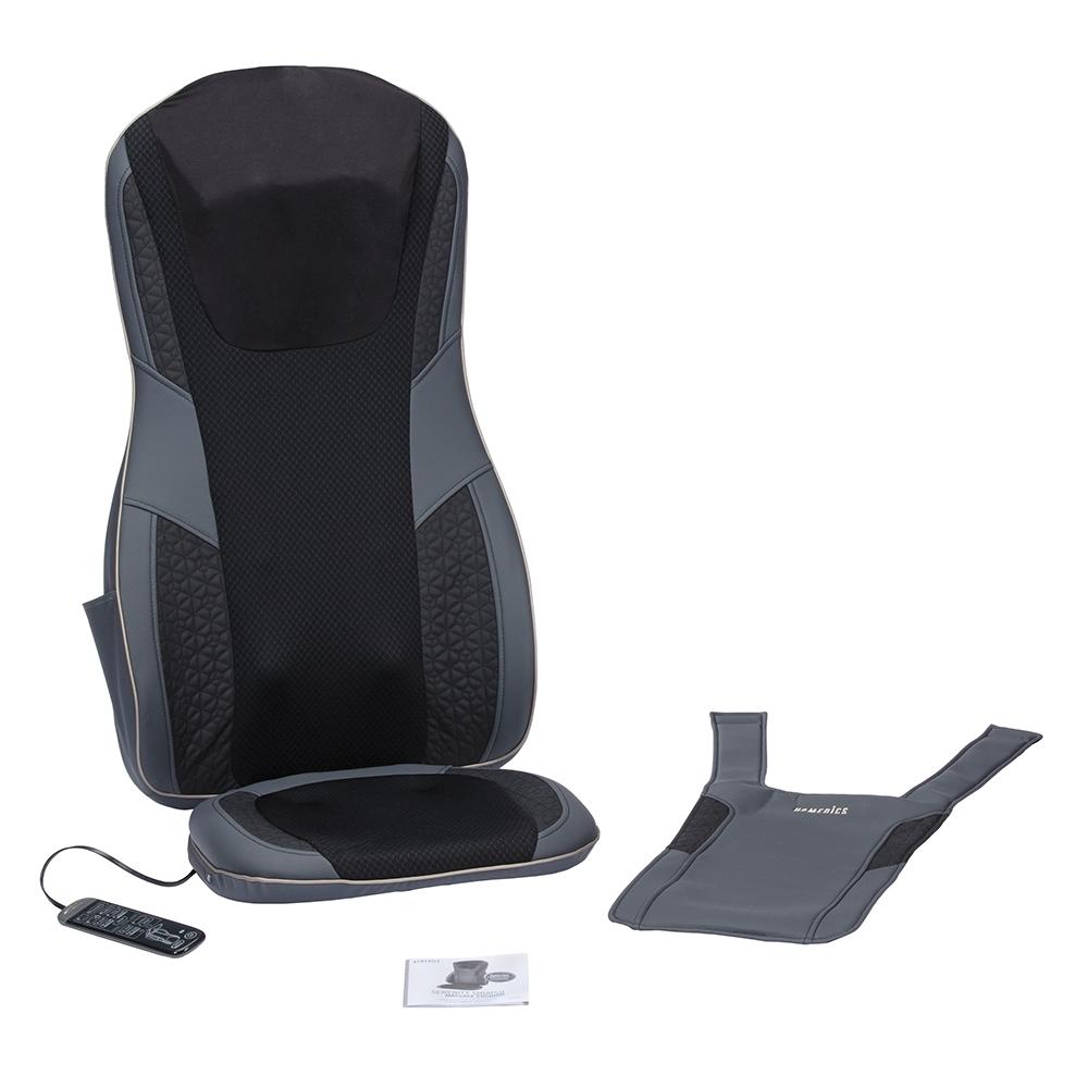 Angled view of the Homedics Serenity Shiatsu Massage Cushion with Sound and Meditation with accessories