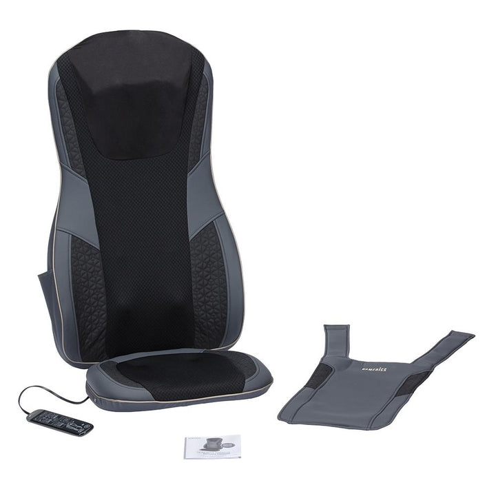 Angled view of the Homedics Serenity Shiatsu Massage Cushion with Sound and Meditation with accessories