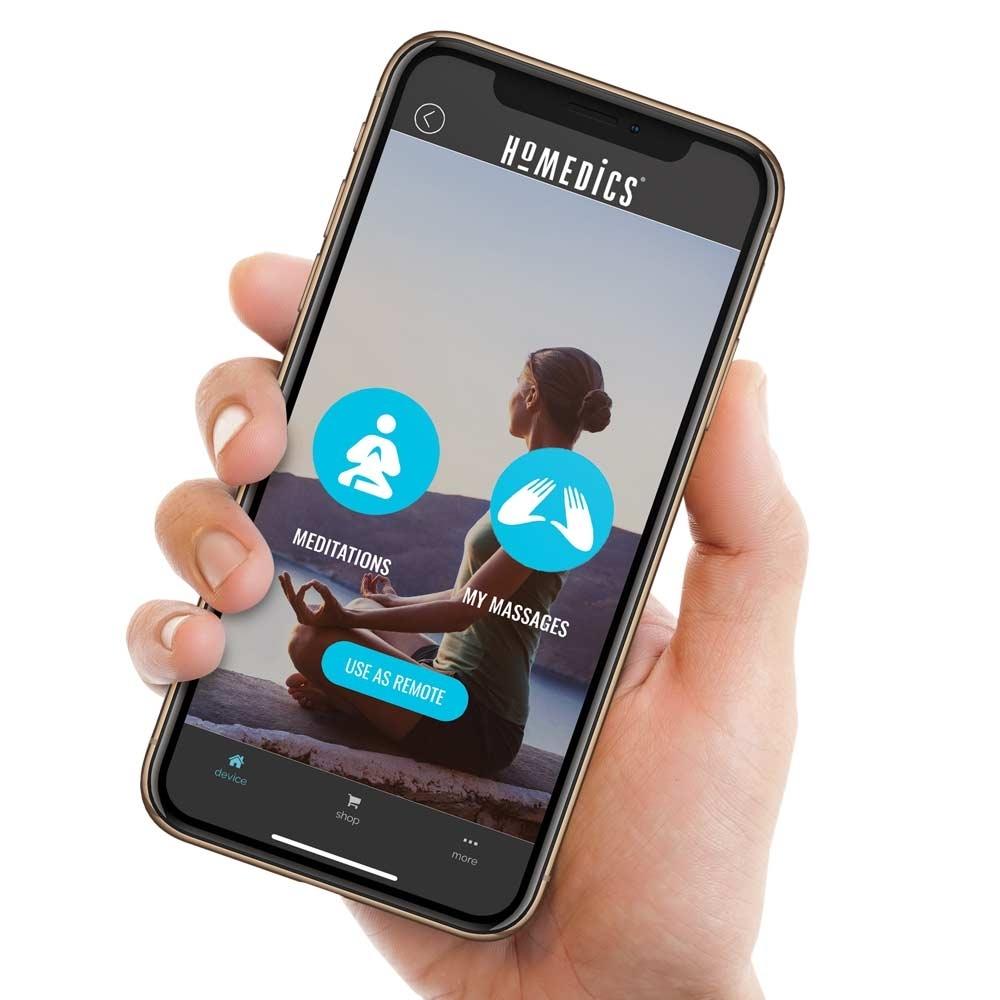 Homedics Serenity Shiatsu Massage Cushion with Sound and Meditation App on mobile phone