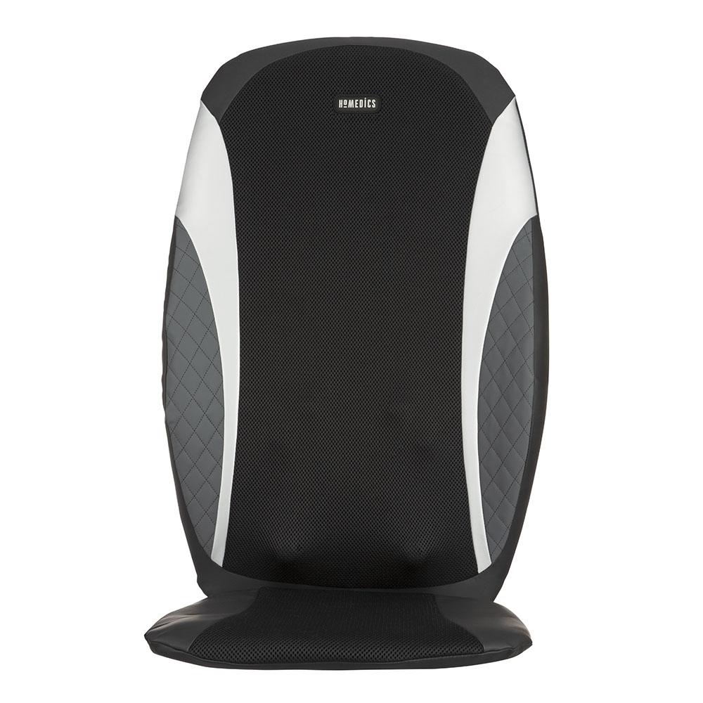 Woman looks at controller and relaxes in chair while enjoying a massage from the Homedics 8-Node Shiatsu Plus Massage Cushion with Soothing Heat