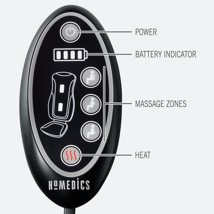 Close-up view of the controller for the Homedics Cordless Shiatsu Massage Cushion with Heat