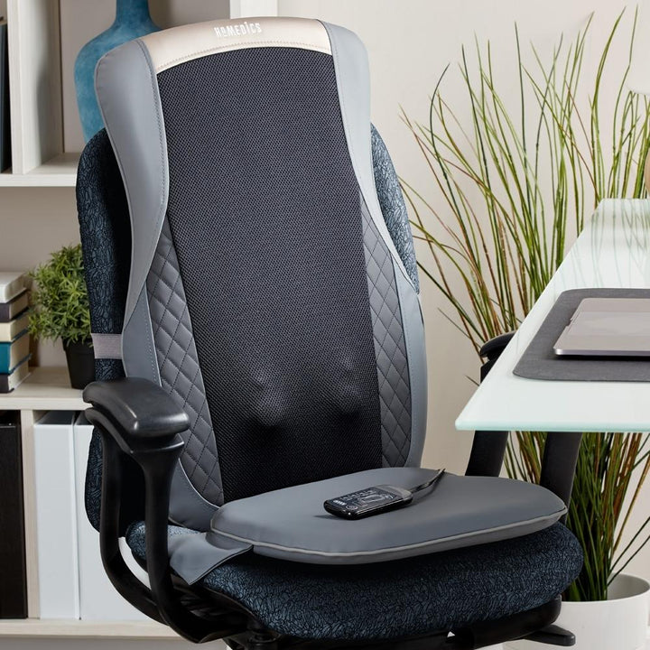 Homedics Cordless Shiatsu Pro+ Massage Cushion with Soothing Heat attached to office chair