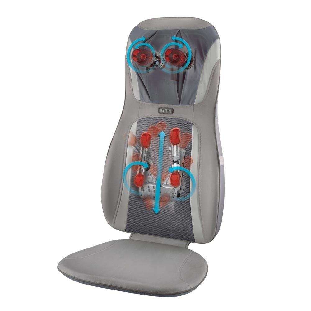 Angled view of the Homedics Shiatsu Elite Pro Massage Cushion with Heat with illustration of massage elements