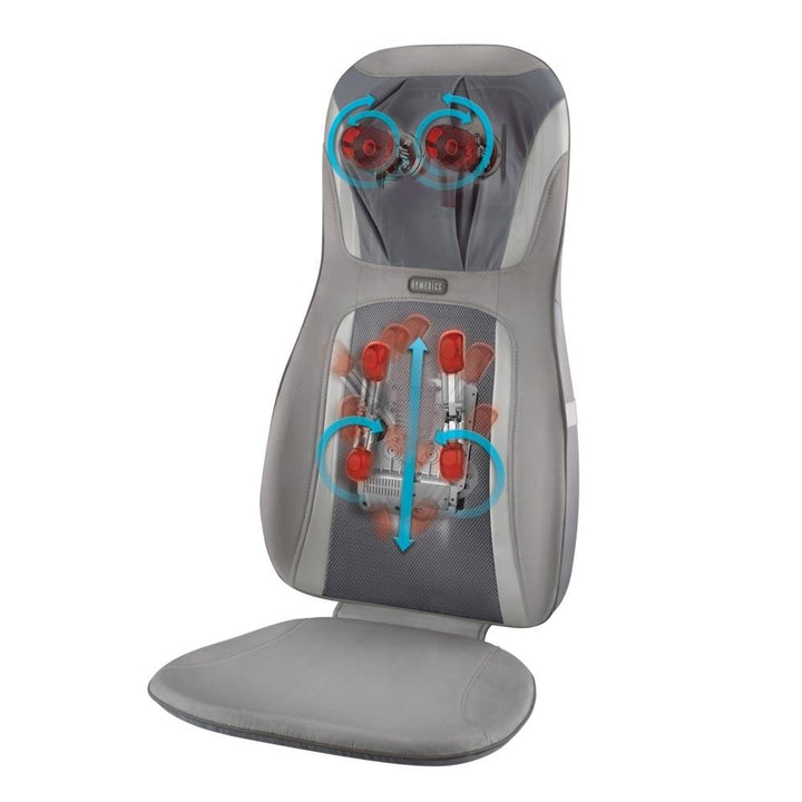 Angled view of the Homedics Shiatsu Elite Pro Massage Cushion with Heat with illustration of massage elements