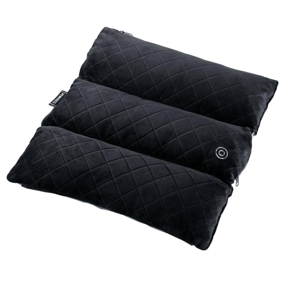 Woman lays on floor and enjoys a massage from the Homedics Thera-P Versatile Vibration Massage Pillow