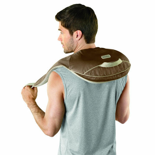 Back view of standing man enjoying shoulder massage with the Homedics Back and Shoulder Percussion Massager with Heat