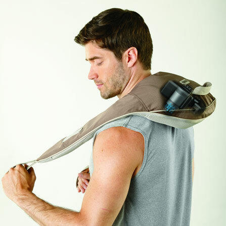 Profile view of standing man enjoying shoulder massage with the Homedics Back and Shoulder Percussion Massager with Heat - X-ray view