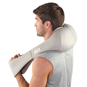 Back angled view of man enjoying neck massage with the Homedics Quad Action Shiatsu Kneading Neck and Shoulder Massager with Heat