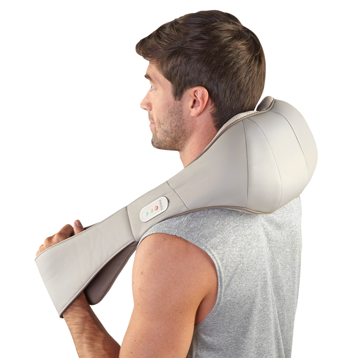 Back angled view of man enjoying neck massage with the Homedics Quad Action Shiatsu Kneading Neck and Shoulder Massager with Heat