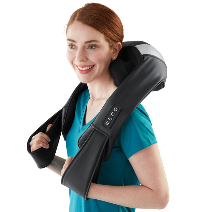 Rechargeable True Touch Neck & Shoulder Massager with Heat - In use Neck Front - Homedics Canada