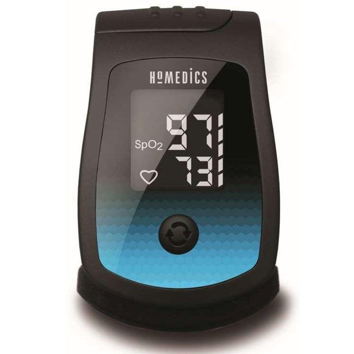 Hand removes Homedics Deluxe Pulse Oximeter from storage bag