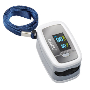 Alternate angled view of the Homedics Premium Pulse Oximeter with strap