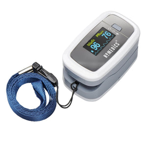 Angled view of the Homedics Premium Pulse Oximeter with strap