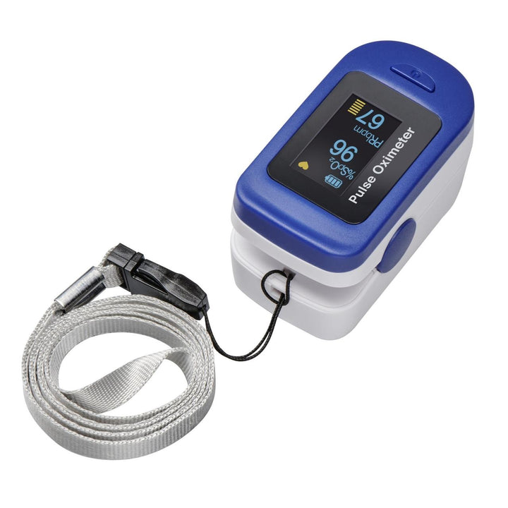 Alternate angled view of the Homedics ACCARE Pulse Oximeter with strap