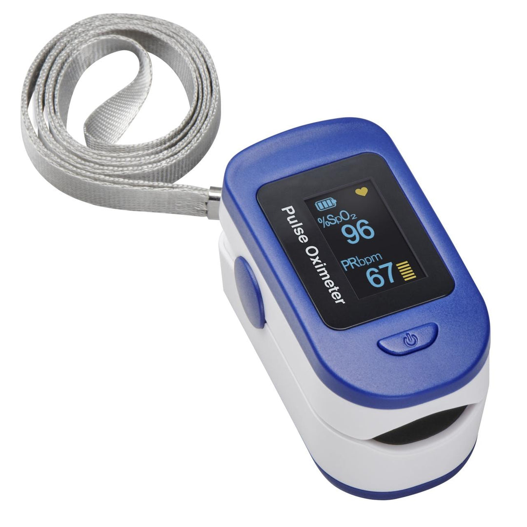 Angled view of the Homedics ACCARE Pulse Oximeter with strap