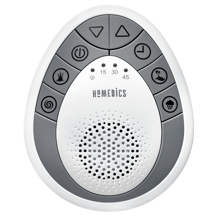 Woman reaches towards Homedics SoundSpa Mini Portable Sound Machine from bed