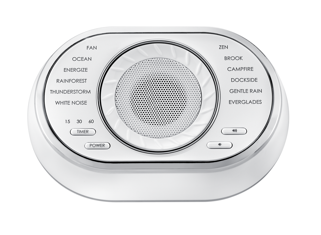 Homedics SoundSpa Ultra Portable Rechargeable Sound Machine on end table next to bed