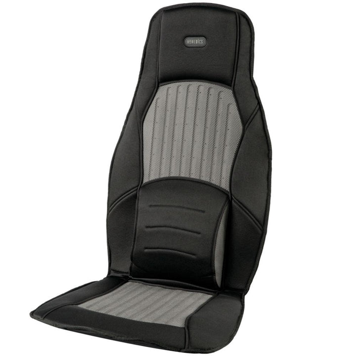 Angled view of the Homedics Mobile Comfort Perfect Temp Travel Cushion with controller