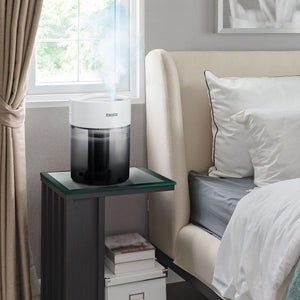 Powered Homedics TotalComfort Ultrasonic Cool Mist Humidifier sits on table in bedroom