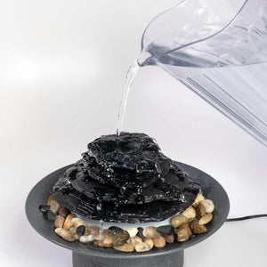 Angled view of the Mirra Zen Gray Tabletop Relaxation Fountain